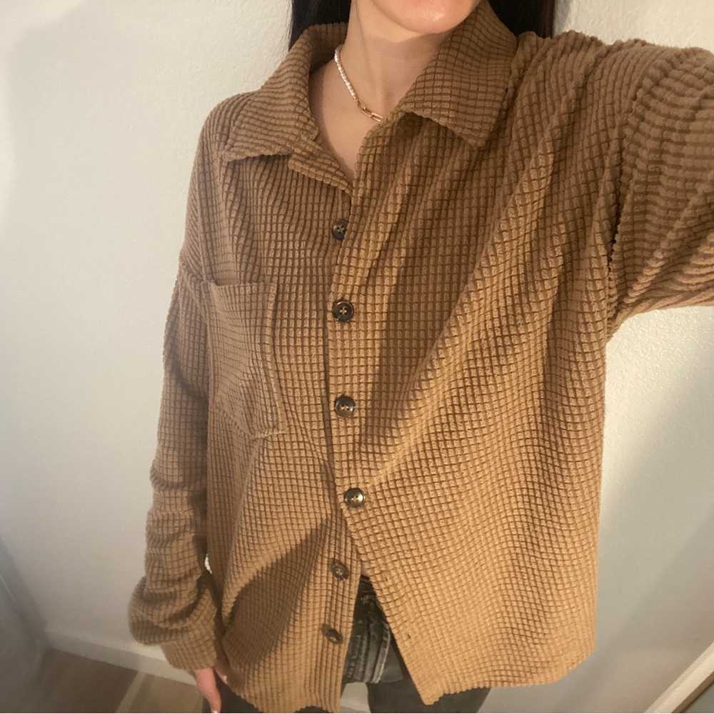 Brown waffle knit textured button up shirt